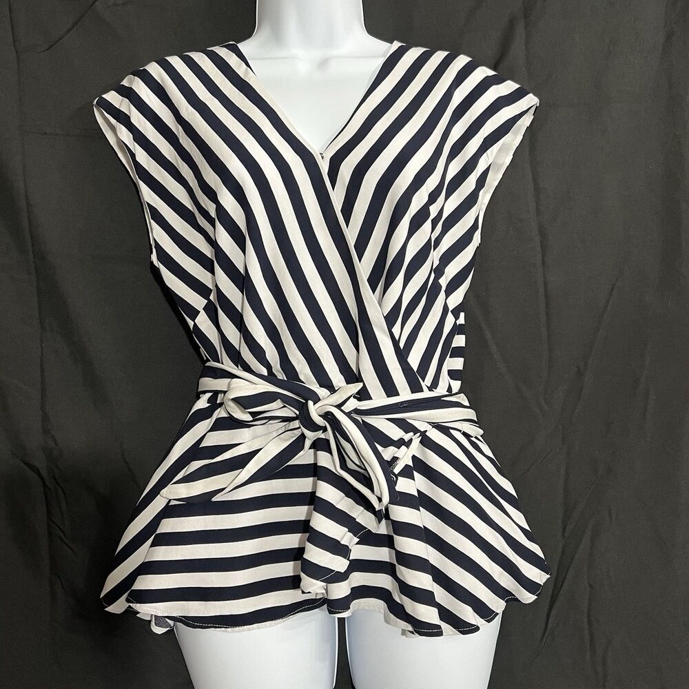 Wrap peplum Elegant Top XS Black White Striped wrap around Classic Minimalisms